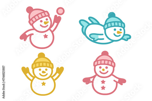 Set of cute stylized snowmen icons wearing winter hats in various poses