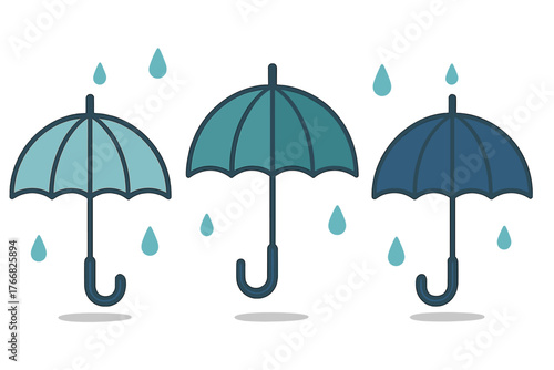 Row of three open umbrellas in varying shades of blue and teal catching falling raindrops
