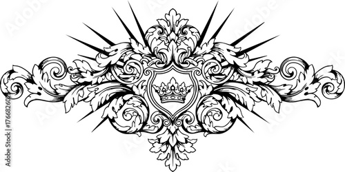 Elegant royal crest design with intricate flourishes and regal crown symbolizes authority, heritage, and prestige for luxury branding