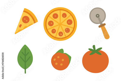 Flat design icons set of pizza, slice, cutter, tomato, and basil leaf