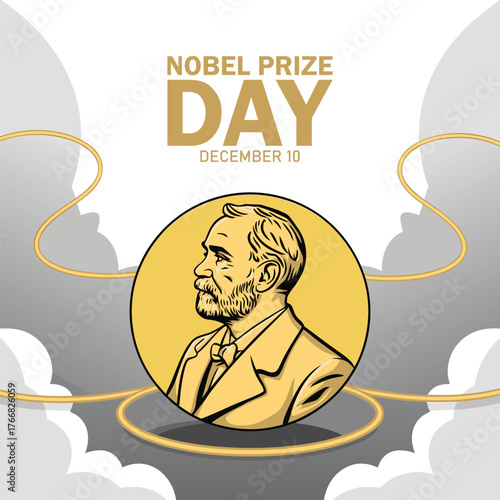 Nobel Prize Day December 10th illustration on white sunburst background