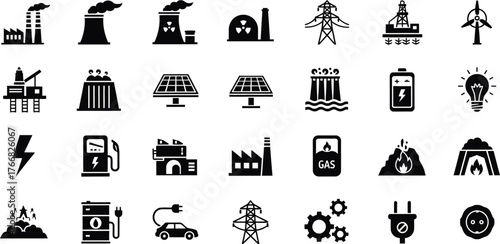 Collection of industrial and energy related icons representing power generation and consumption isolated on transparent background