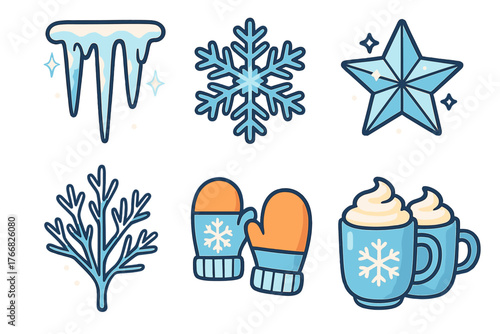 Winter season icons set featuring frozen icicles, detailed snowflake, warm mittens, and hot cocoa mugs