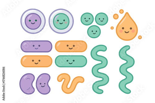 Adorable cartoon set of various microscopic organisms and bacteria shapes with smiling faces