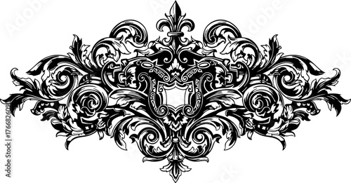 Elegant ornate scrollwork flourishes with a central crest, evoking classic regal design and sophisticated decorative artistry, perfect for luxury branding.