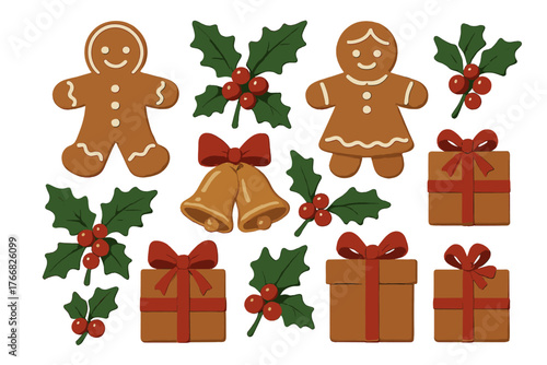 Festive Christmas collection of gingerbread cookies, holly sprigs, golden bells, and wrapped gift boxes