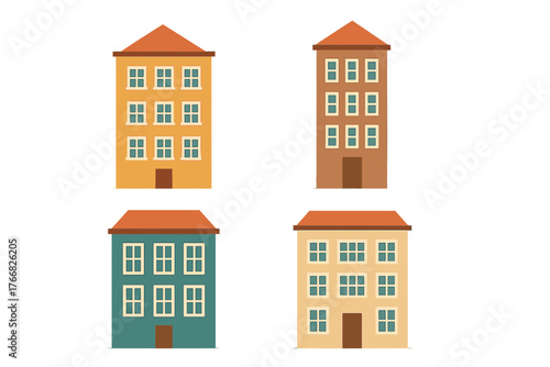 Four distinct colorful residential buildings with multiple floors and traditional architecture