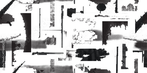 Glitch distorted grungy abstract forms . Halftone dots seamless pattern texture. Grange shapes .Grunge textured . Vector shapes with half tone dots .Screen print endless pattern texture