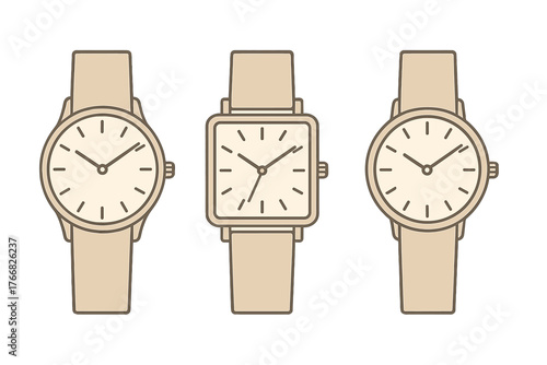 Collection of three analog wristwatches with different face shapes and beige leather straps