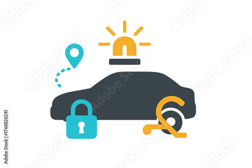 Vehicle security system showing GPS tracking, flashing alarm light, and immobilization lock symbol