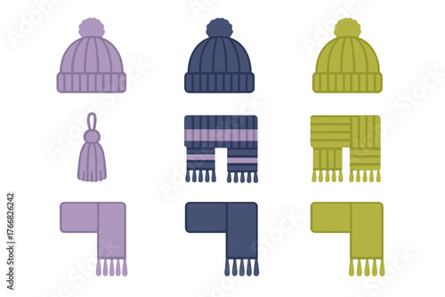 Collection of warm knitted winter accessories: beanies with pom-poms and scarves in purple, blue, and green