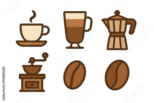 Set of coffee preparation items including cup, latte glass, moka pot, grinder, and roasted beans