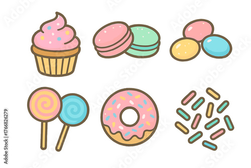 Pastel dessert set with cupcake, donut, macarons, lollipops, and candy sprinkles