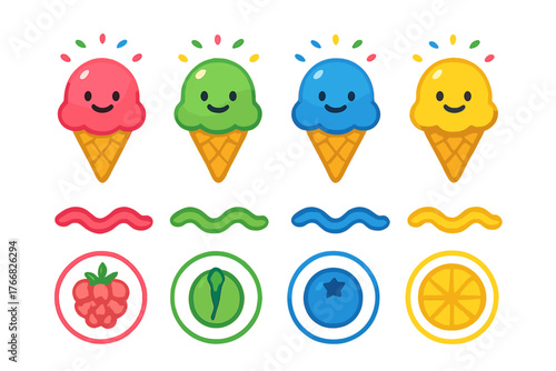 Four colorful smiling ice cream cones with waffle texture and fruit flavor icons