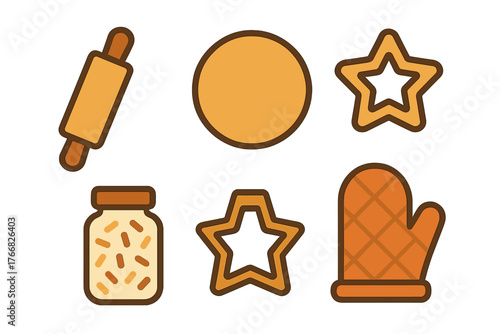 Set of baking equipment and ingredients: rolling pin, cookie cutters, dough, and oven mitt