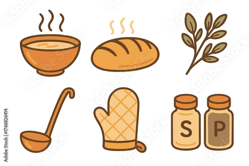Cozy kitchen and cooking elements set featuring hot soup, fresh baked bread, herbs, ladle, oven mitt, and spice shakers