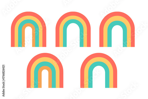Seamless pattern of five stylized geometric rainbow arches in a retro color palette