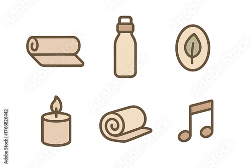 Essential spa and wellness icons set featuring candle, rolled towels, water bottle, leaf, and music note symbols