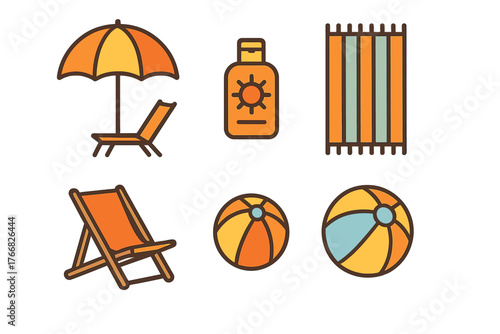 Essential summer vacation objects set: sun umbrella, folding chairs, sunscreen, and beach balls