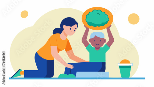 A caregiver being shown how to properly assist a patient with physical exercises to maintain their brain health and improve mobility.. Vector illustration