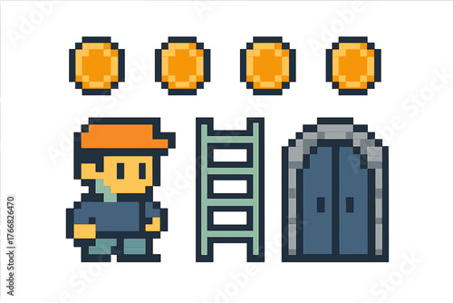 Retro pixel art game assets showing character, gold coins, ladder, and dungeon gate