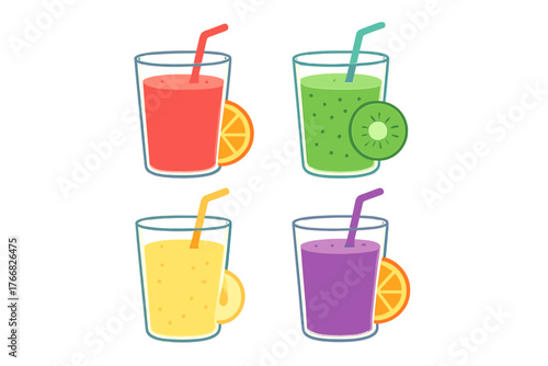 Four vibrant fruit smoothies in glasses with straws and fresh fruit slices on white background
