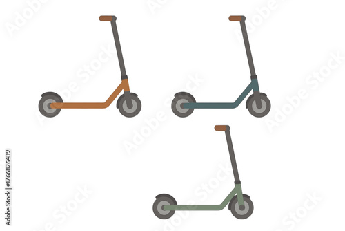 Three modern electric scooters in various colors for urban transportation and mobility concepts