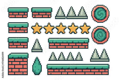 Pixelated retro video game assets featuring platforms, stars, spikes, and portals