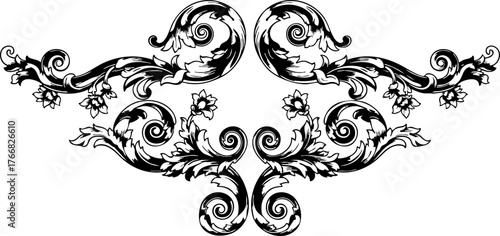 Elegant black ornate flourish design with intricate swirls and floral elements for sophisticated decorative accents and vintage style projects