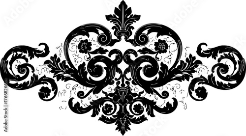 Elegant black ornate scrollwork flourish with intricate floral details creates a timeless decorative accent for sophisticated design projects