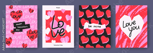 Modern design posters set of Valentines Day and Love. Abstract concept for celebration with hearts, lines, lettering, texture. Grunge trendy backgrounds for print, poster, banner, invitation, cover