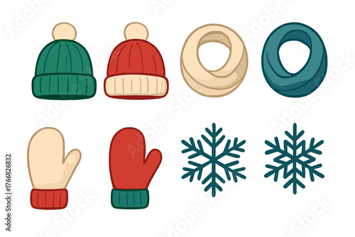 Collection of cozy winter accessories including knit hats with pom-poms scarves mittens and snowflakes