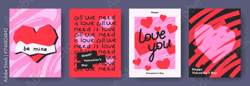 Modern design cards set of Valentines Day and Love. Abstract concept for celebration with hearts, lines, lettering, texture. Grunge trendy backgrounds for print, card, poster, banner, label, cover