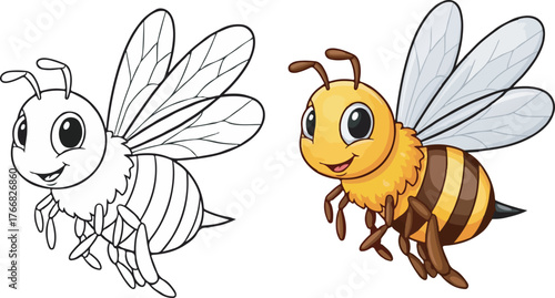 Cute cartoon flying honey bee character illustration with outline for coloring page