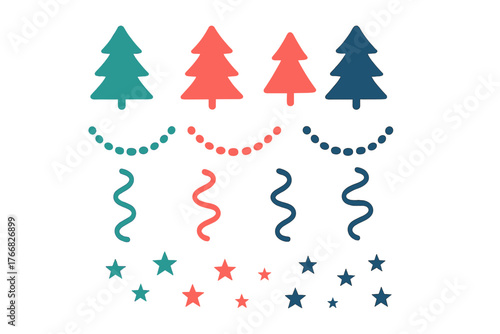 Festive holiday design elements including stylized fir trees, decorative stars, dotted garlands, and curly ribbons