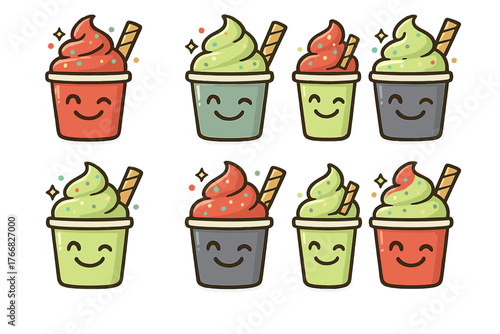 Cute smiling frozen dessert cups with colorful soft serve and wafer sticks arranged in a repeating pattern