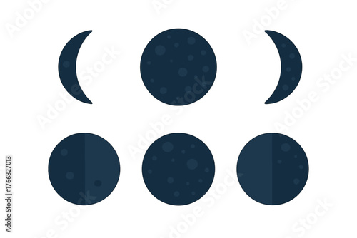 Six dark blue celestial bodies representing the different phases of the moon cycle