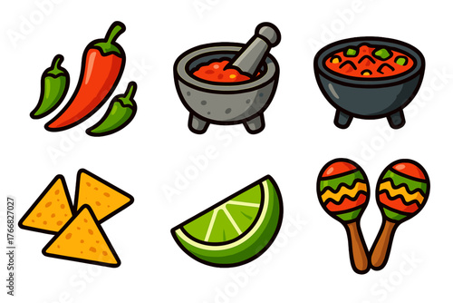 Traditional Mexican food ingredients and cultural icons: chili peppers, salsa, chips, lime, and maracas