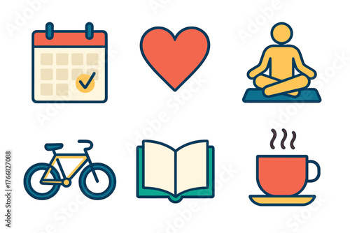 Essential daily routine and wellness symbols including calendar, heart, meditation, bicycle, book, and hot drink