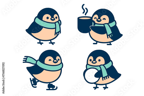 Set of four cute cartoon penguins wearing scarves and enjoying winter activities