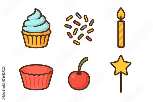 Colorful dessert and celebration icons featuring cupcake, candle, sprinkles, and cherry