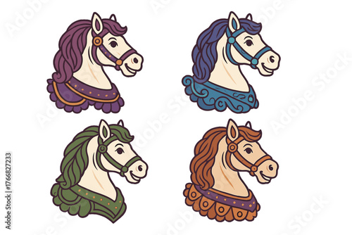 Four colorful ornate carousel horse heads with decorative manes and bridles