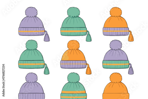 Colorful knitted winter beanies with pom-poms and tassels forming a seamless repeating pattern