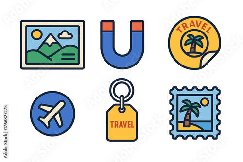 Colorful travel and tourism icons including airplane, magnet, and postage stamp