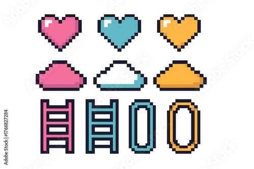 Colorful retro pixel game elements set featuring hearts clouds ladders and rings