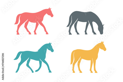 Four stylized horse silhouettes in vibrant colors and dynamic poses isolated on white