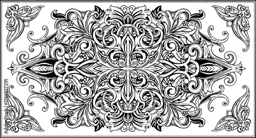 Exquisite black and white ornate damask pattern, intricate flourish design for elegant decorative accents, creating timeless sophistication and luxury.