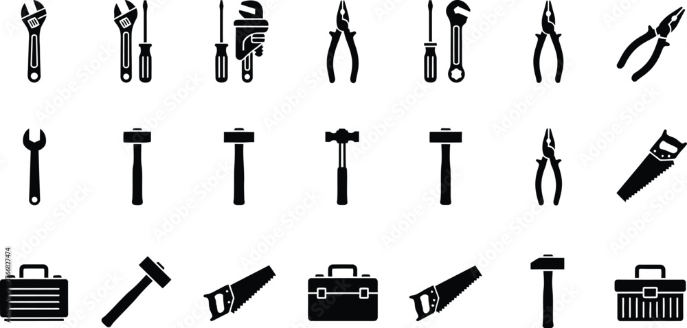 Fototapeta premium Collection of black silhouette icons representing various tools and toolboxes isolated on transparent background