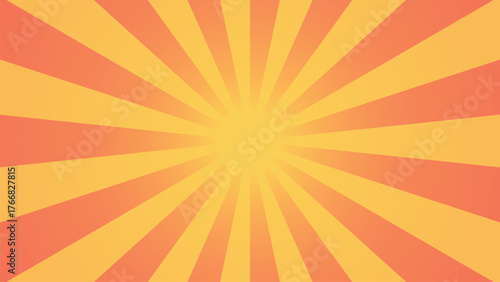 Bright orange and yellow sunburst background with radiant rays spreading from the center. Ideal for retro posters, summer designs, comic-style artwork, or energetic abstract graphic templates.