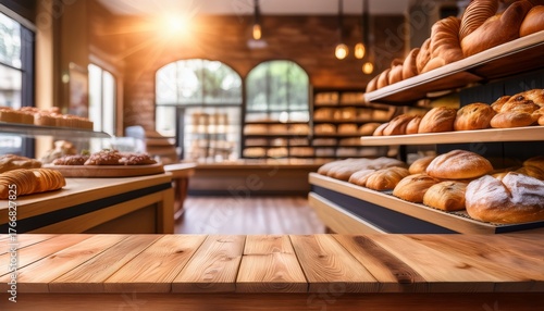 a blurred view of a bakery display showcasing various baked goods with a wooden table in the foreground creating a warm and inviting atmosphere